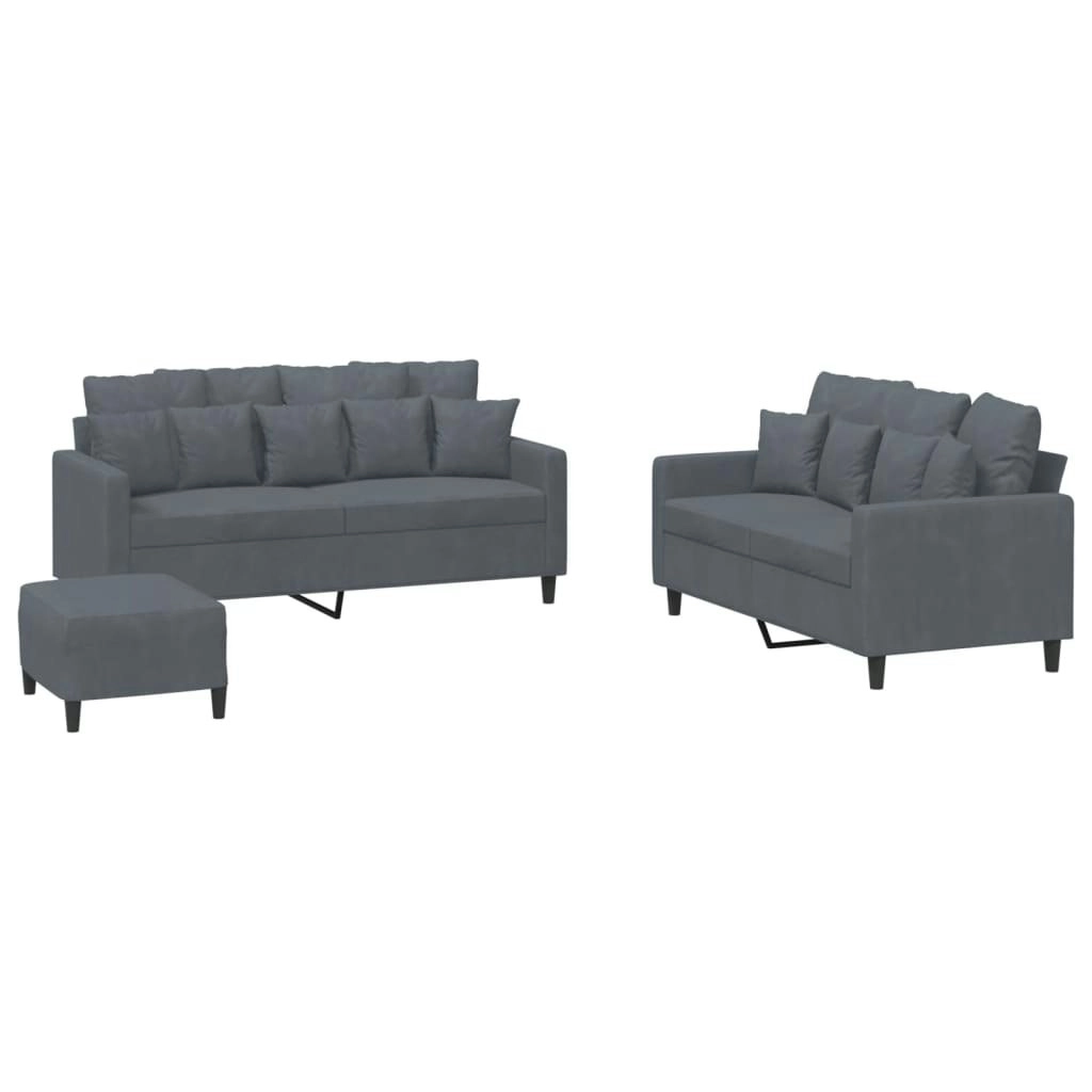 3 Piece Sofa Set with Cushions Dark Grey Velvet 3201711