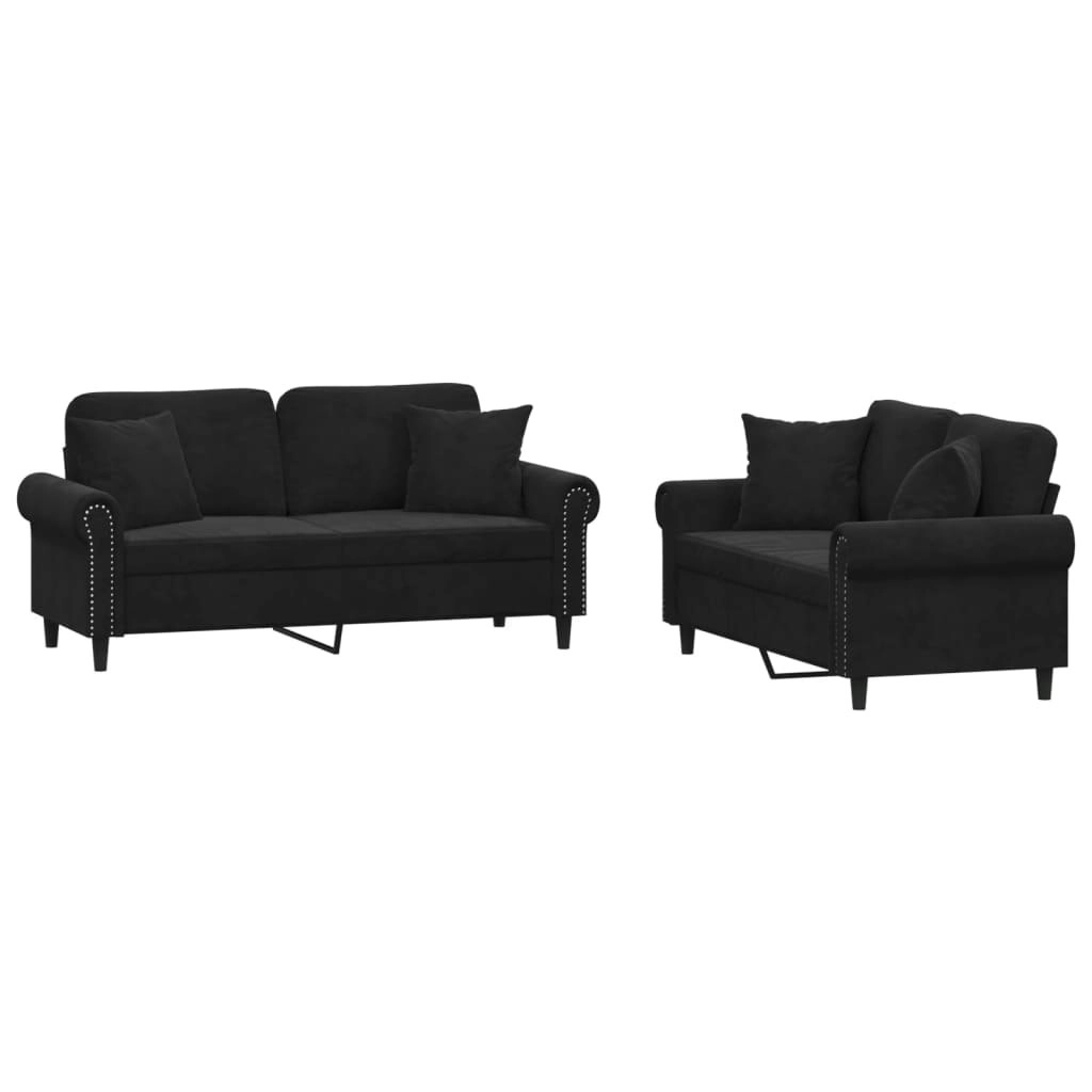 2 Piece Sofa Set with Pillows Black Velvet 3202235