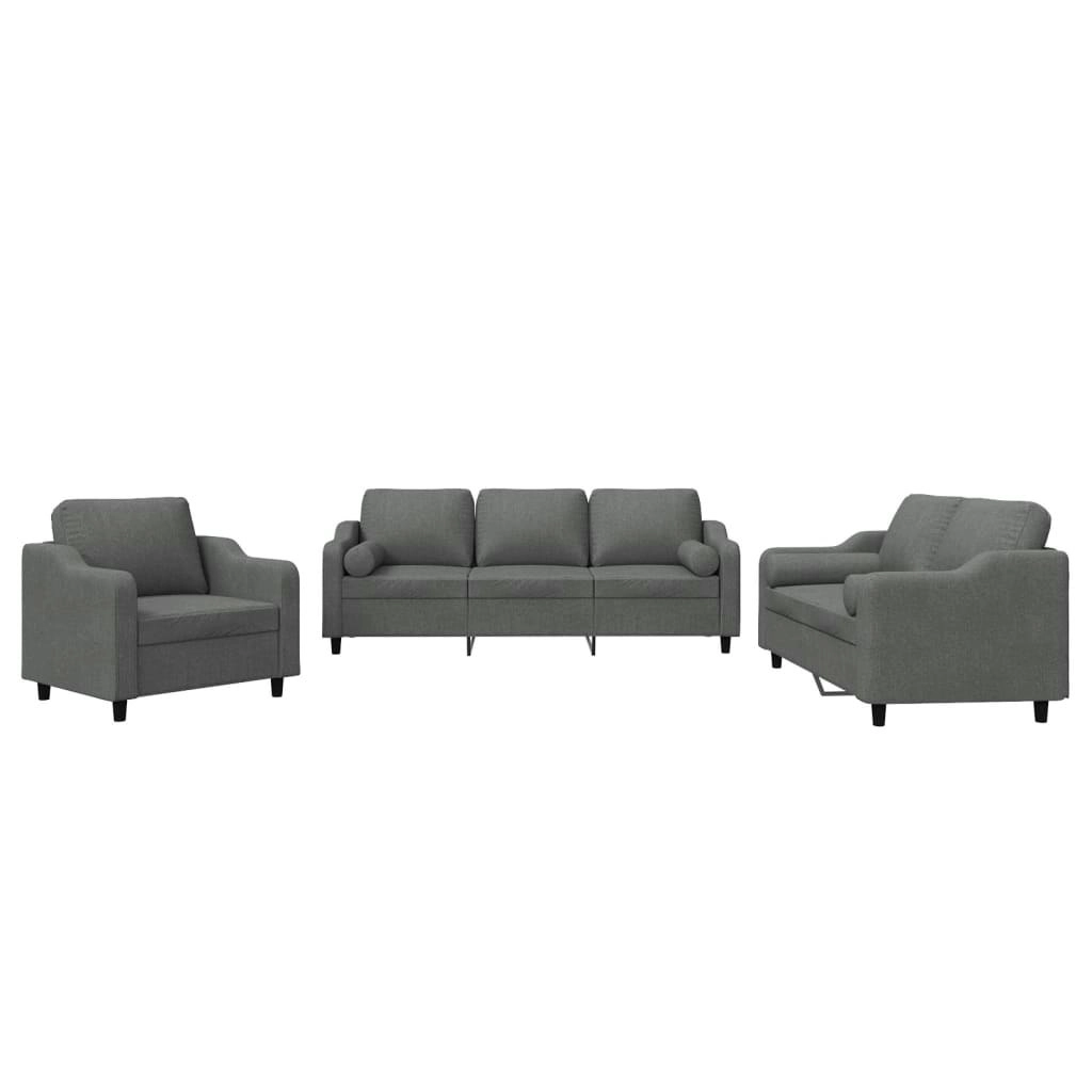 3 Piece Sofa Set with Pillows Dark Grey Fabric 3201787