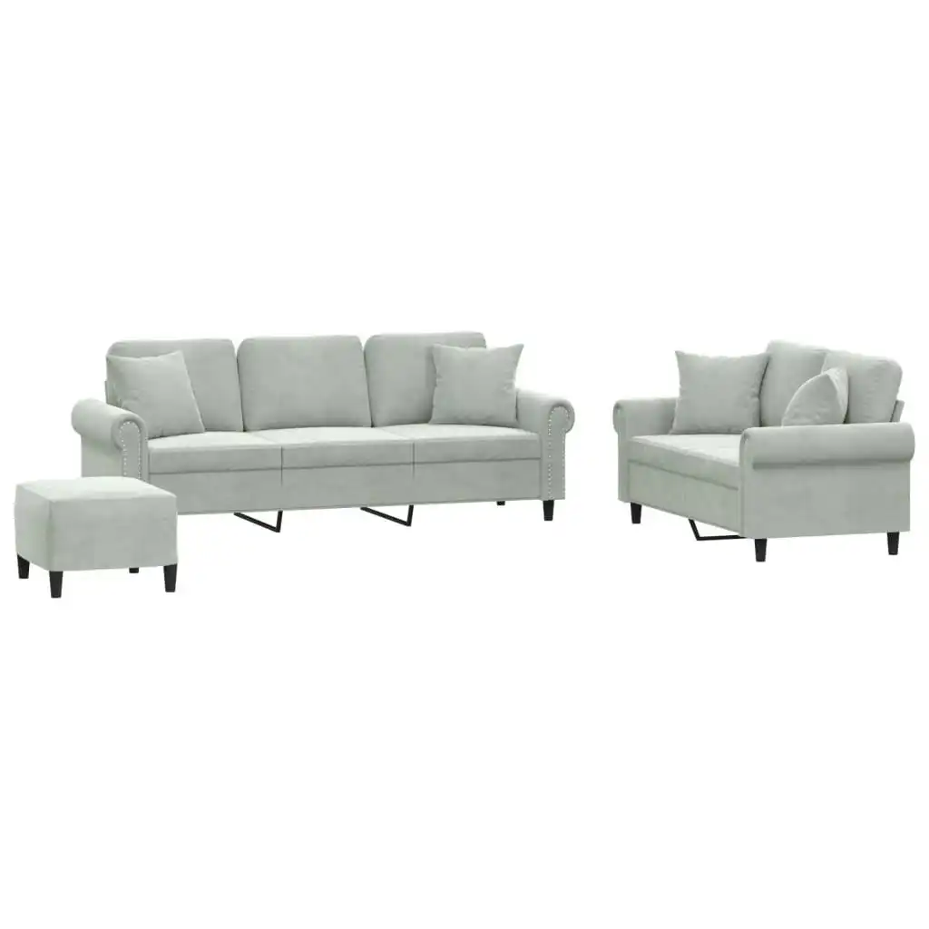 3 Piece Sofa Set with Pillows Light Grey Velvet 3202280