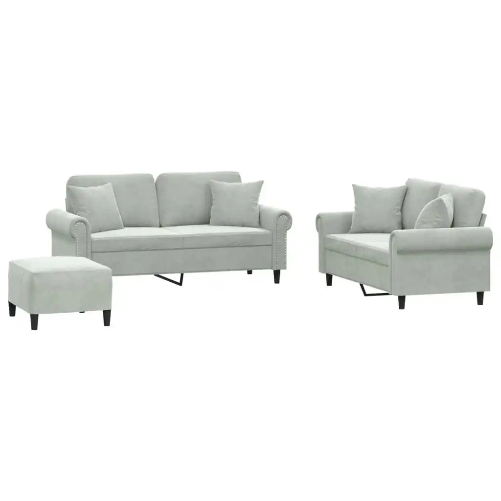 3 Piece Sofa Set with Pillows Light Grey Velvet 3202240