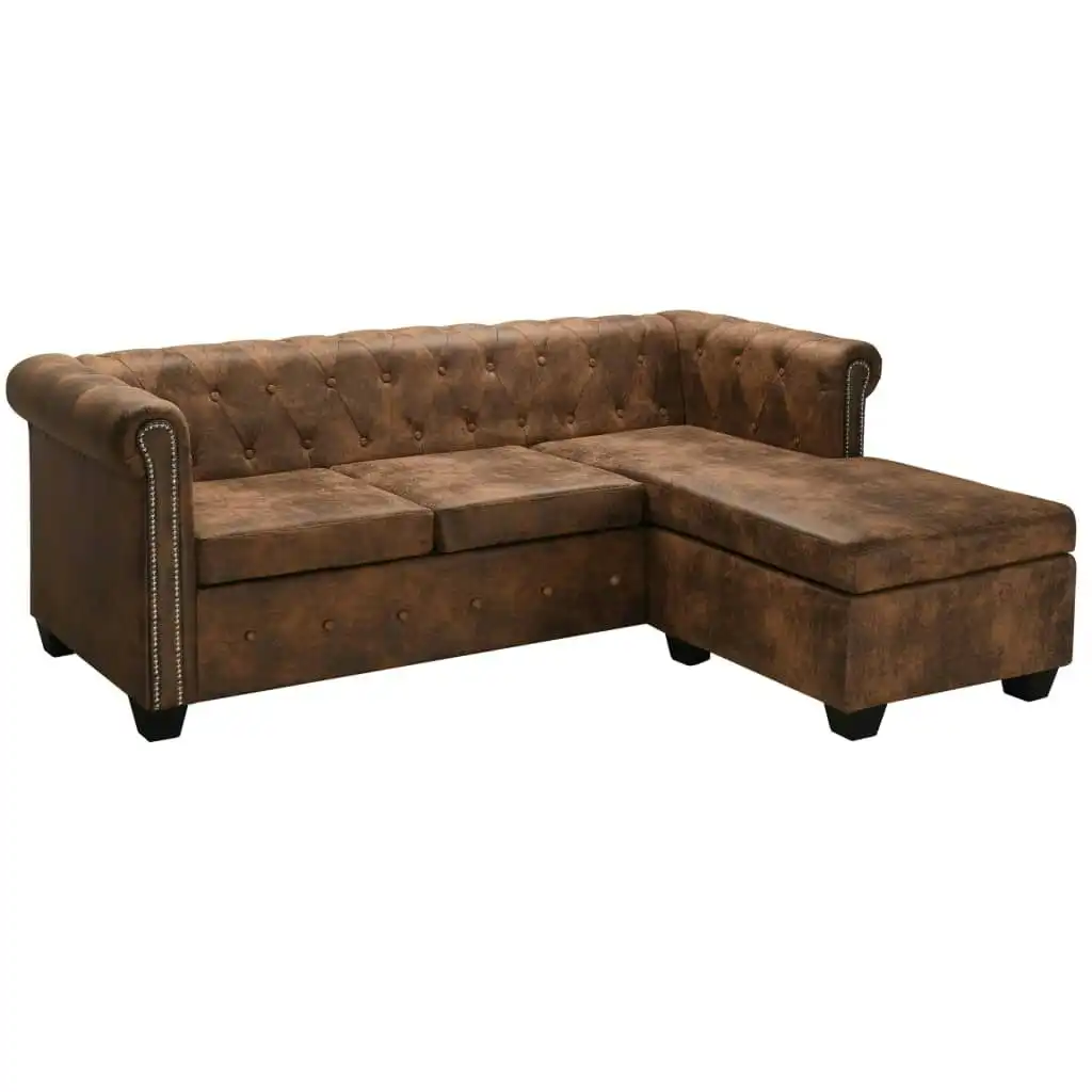 L-shaped Chesterfield Sofa Artificial Suede Leather Brown 275223