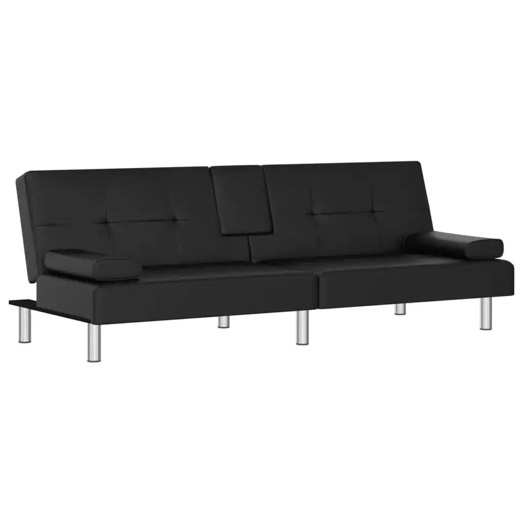 Sofa Bed with Cup Holders Black Faux Leather 351926