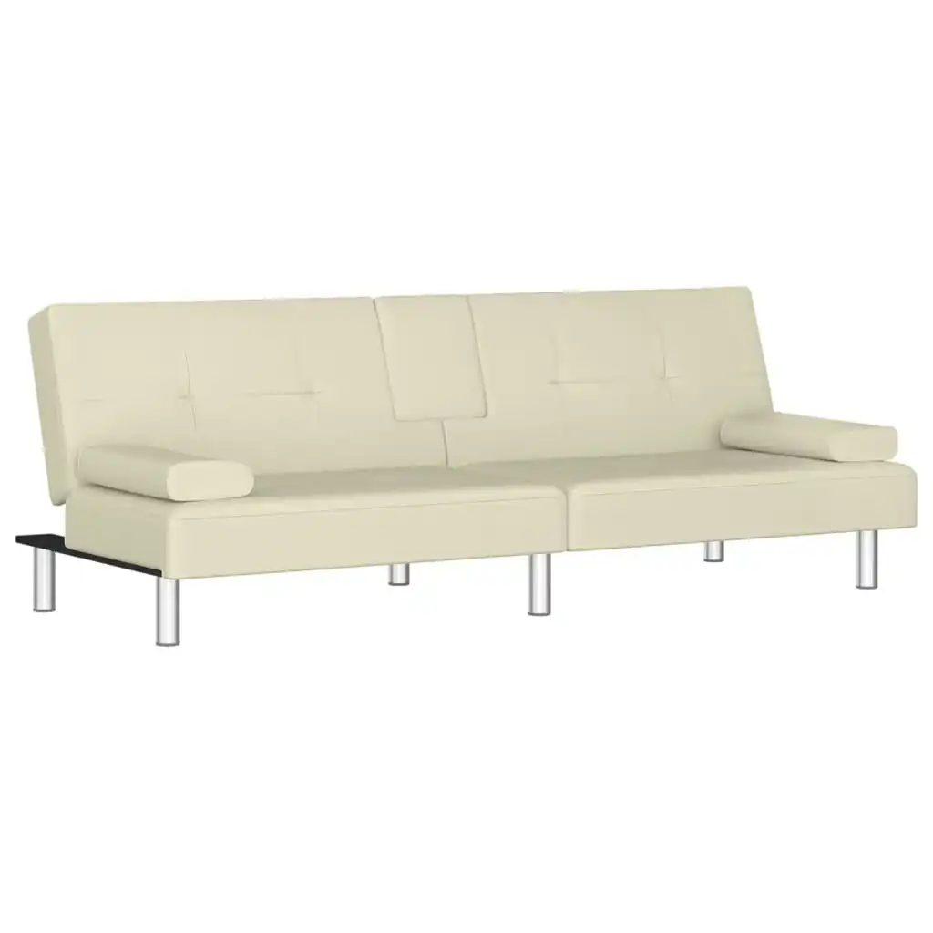 Sofa Bed with Cup Holders Cream Faux Leather 351927