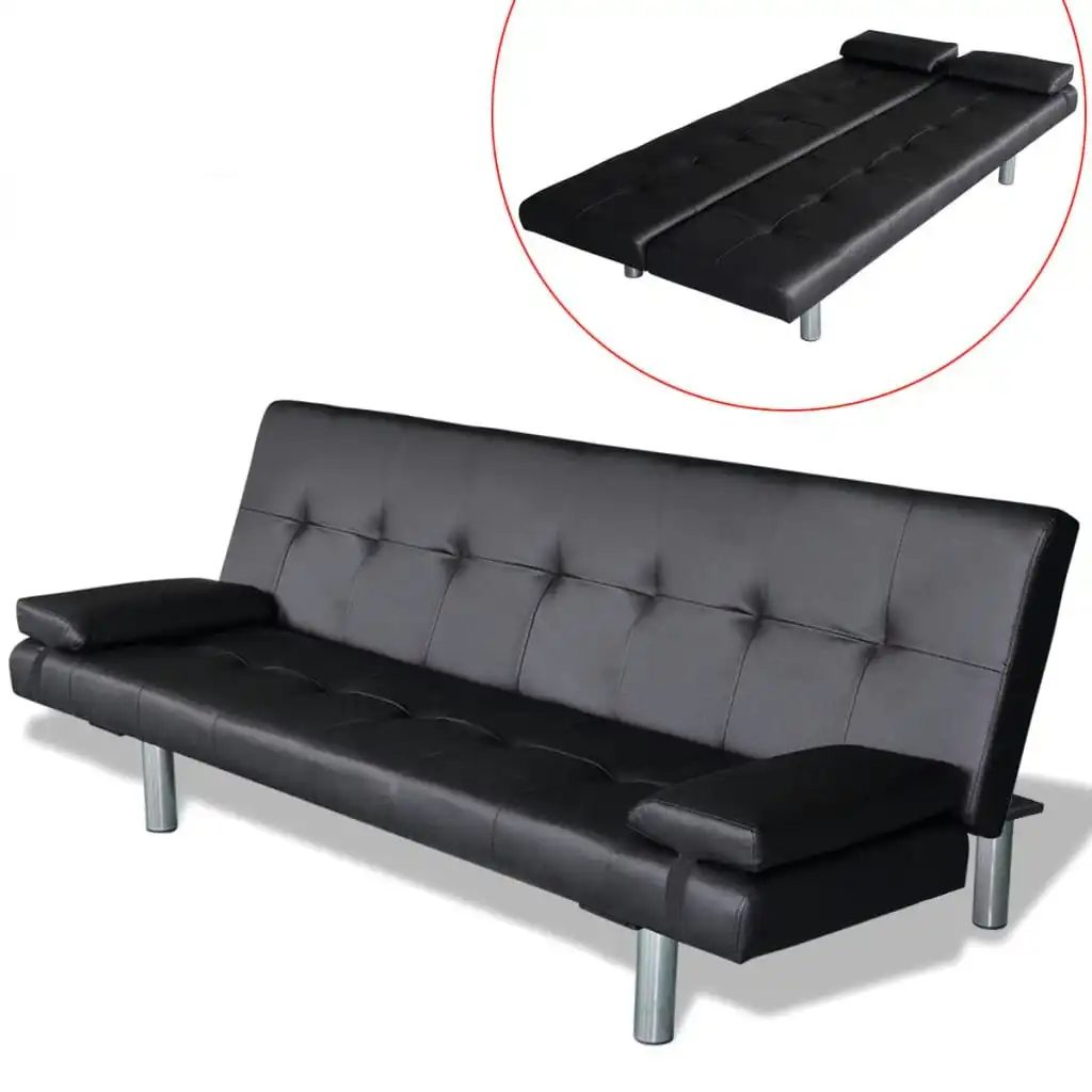 Sofa Bed with Two Pillows Artificial Leather Adjustable Black 241722