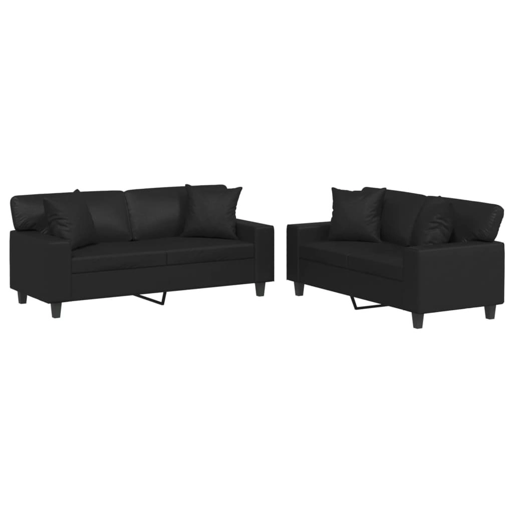 2 Piece Sofa Set with Pillows Black Faux Leather 3201924