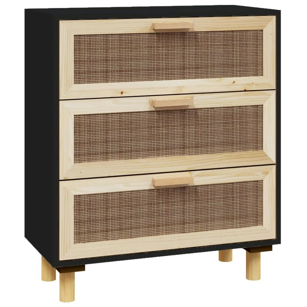 Sideboard Black 60x30x70 cm Solid Wood Pine and Natural Rattan 345634