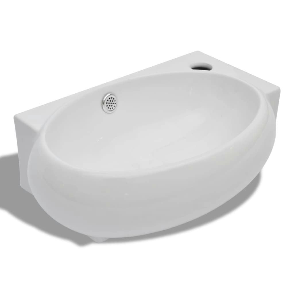 Ceramic Sink Basin Faucet & Overflow Hole Bathroom White 140698