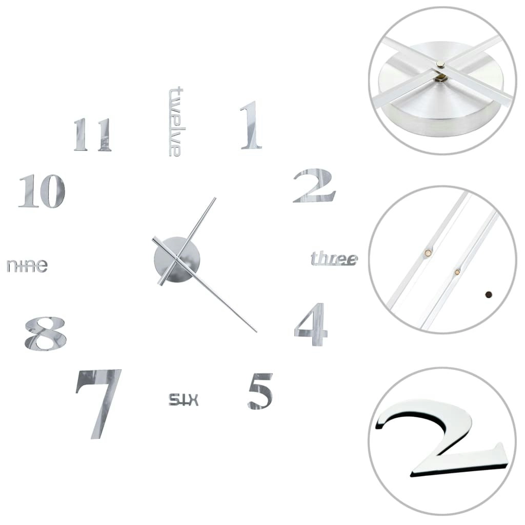 3D Wall Clock Modern Design 100 cm XXL Silver 50636