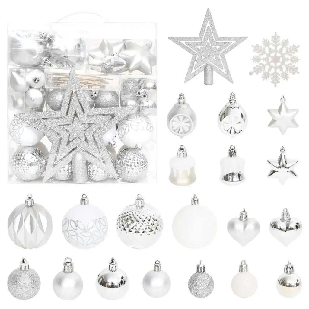 70 Piece Christmas Bauble Set Silver and White 330090