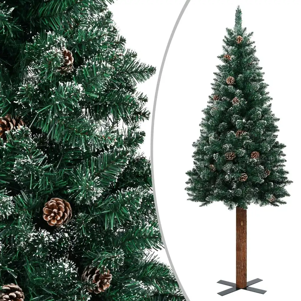 Slim Christmas Tree with Real Wood and White Snow Green 150 cm 320960