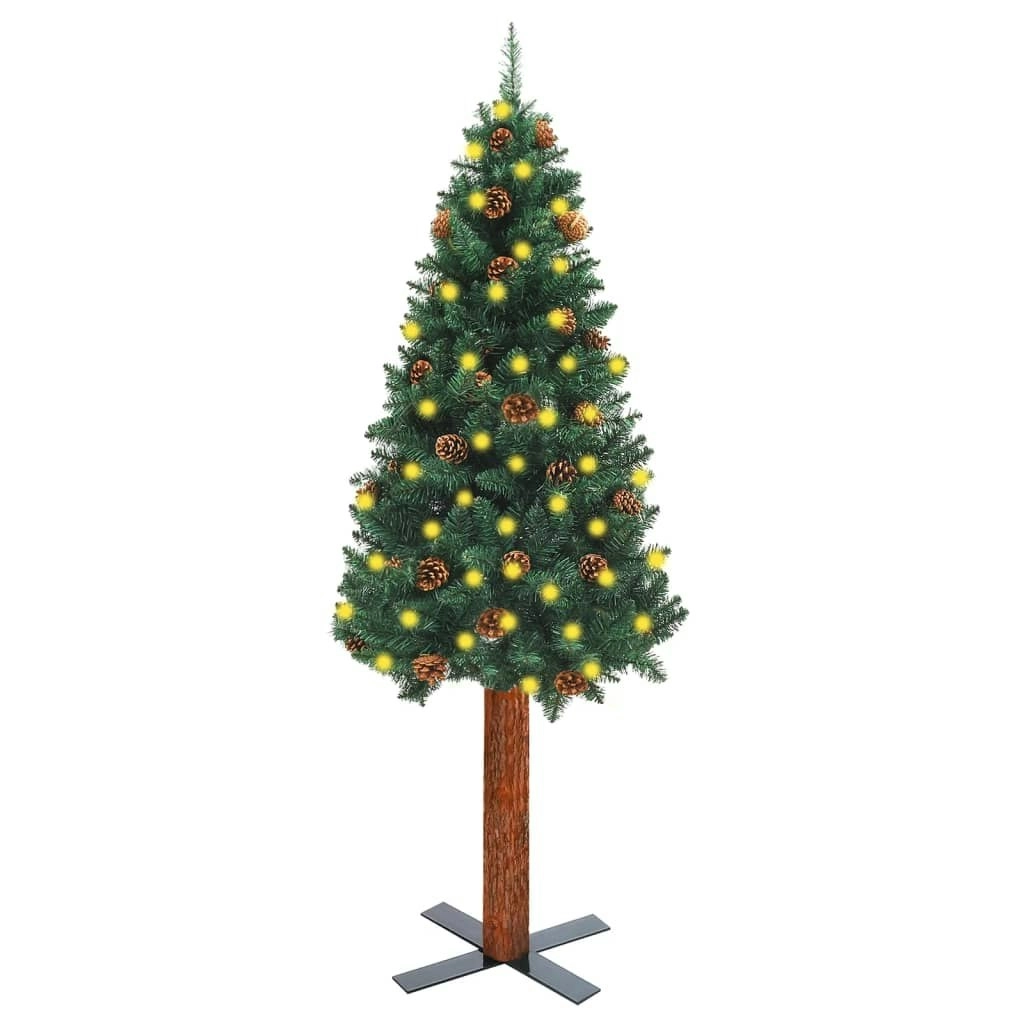 Slim Pre-lit Christmas Tree with Real Wood&Cones Green 150 cm 3077759