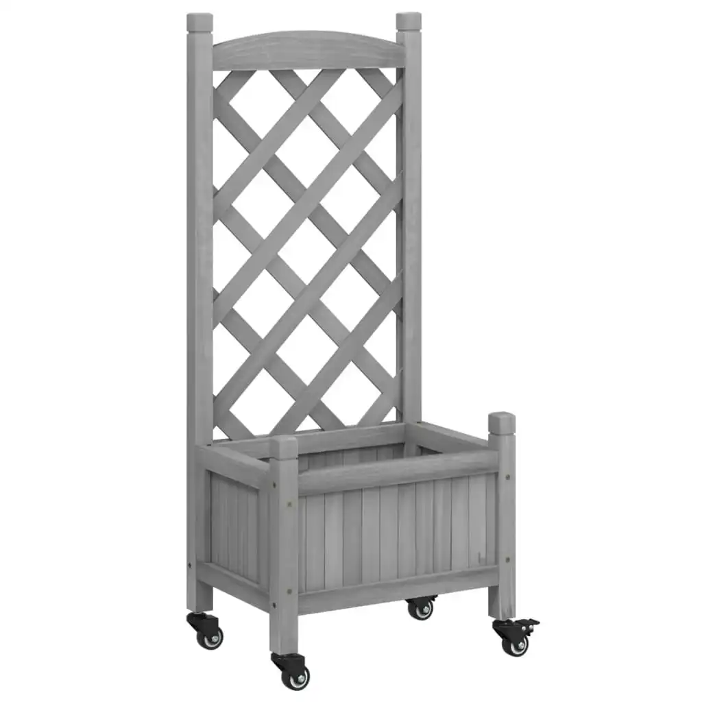 Planter with Trellis and Wheels Grey Solid Wood Fir 3207645