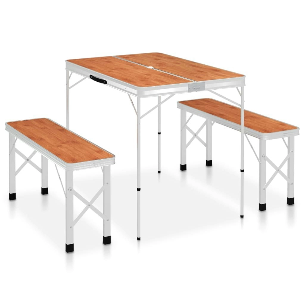 Folding Camping Table with 2 Benches Aluminium Brown 48182