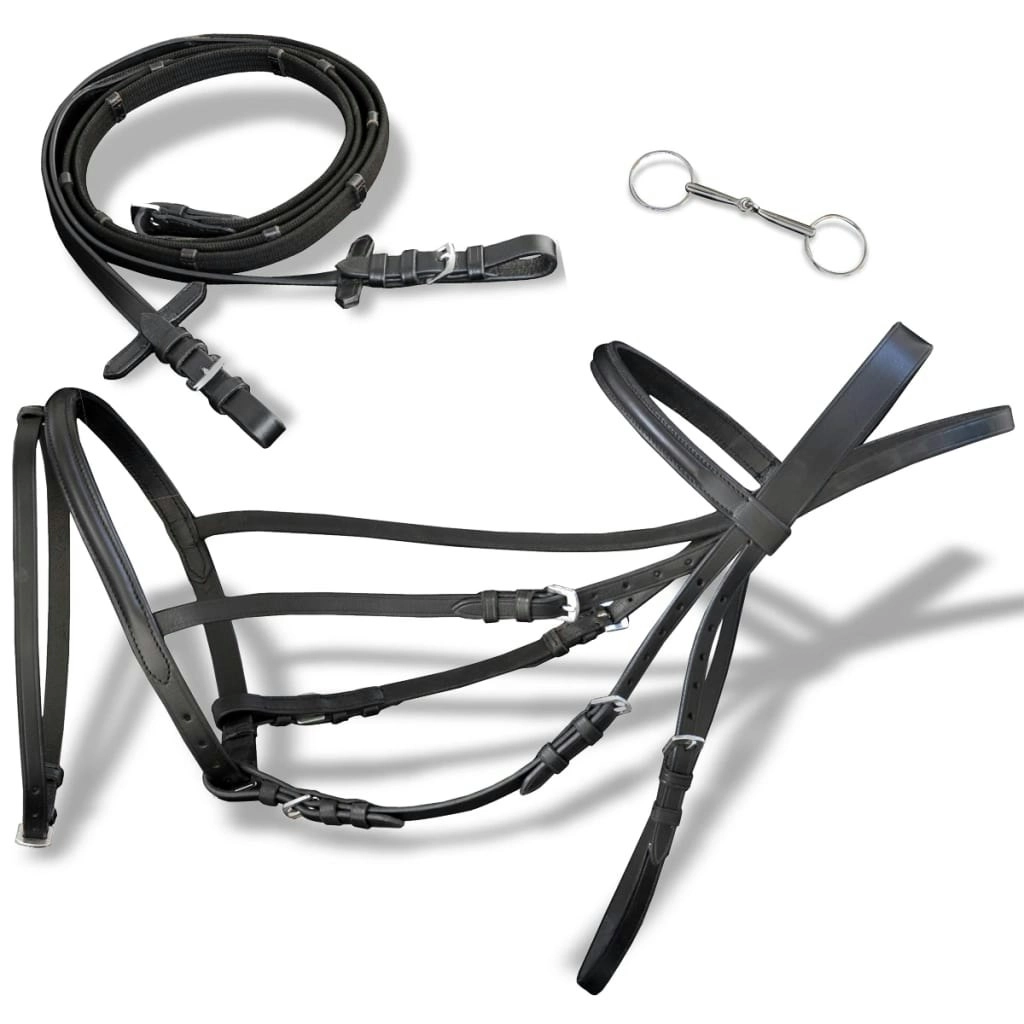 Leather Flash Bridle with Reins and Bit Black Cob 90896