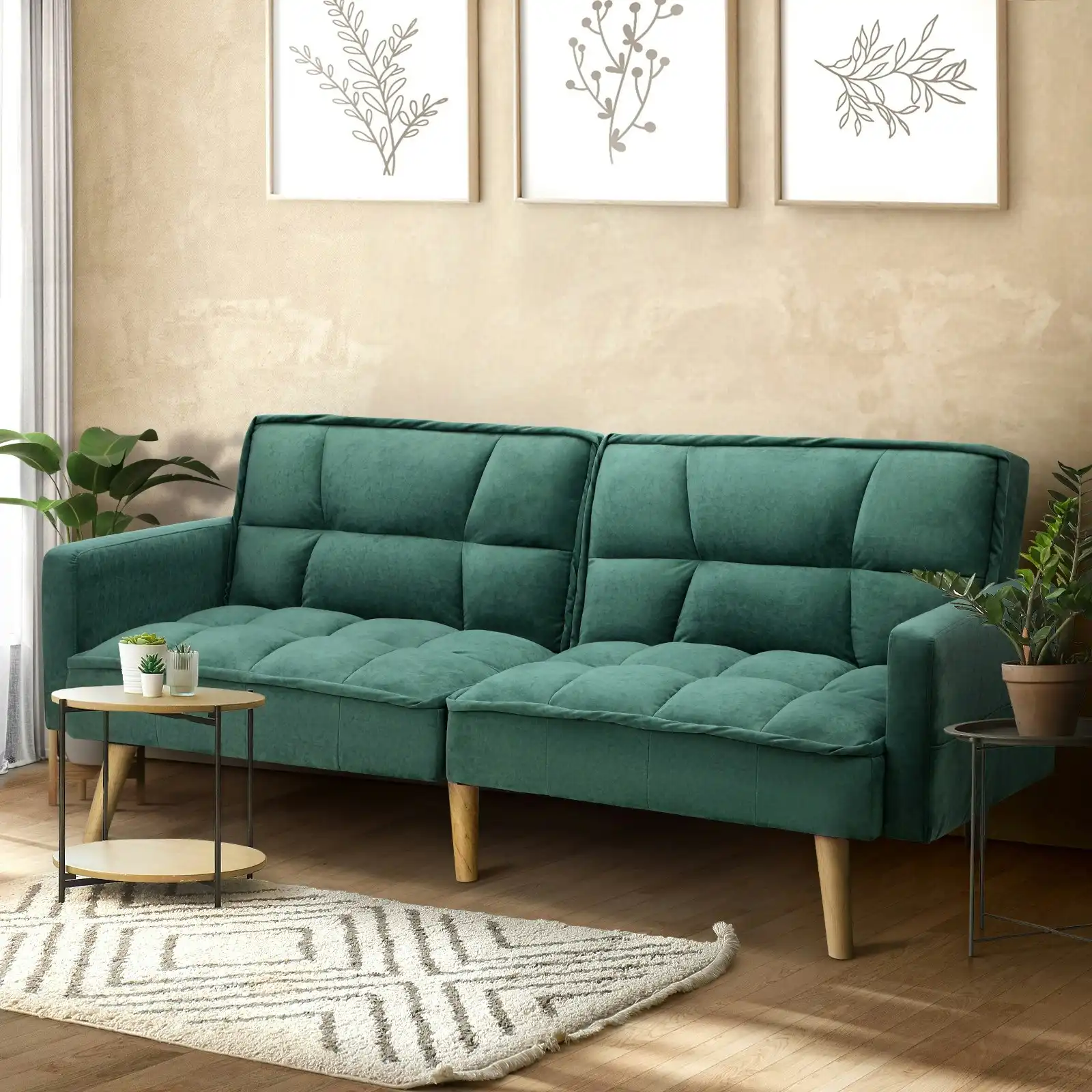 Oikiture Sofa Bed Futon Convertible Velvet Lounge Couch 3-Seater Recliner Green