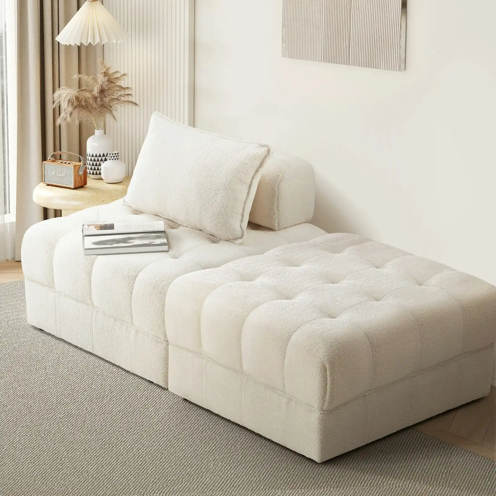 Oikiture 2 Seater Boucle Modular Sofa & Ottoman Set Armless TOFU Back White