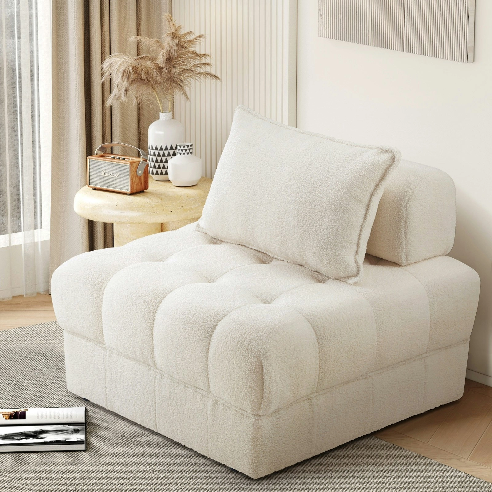 Oikiture 1 Seater Boucle Modular Sofa Lounge Chair Armless TOFU Back White