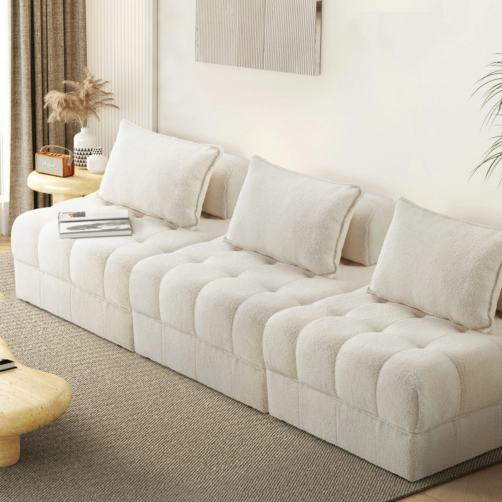 Oikiture 3 Seater Boucle Modular Sofa Lounge Chair Armless TOFU Back White