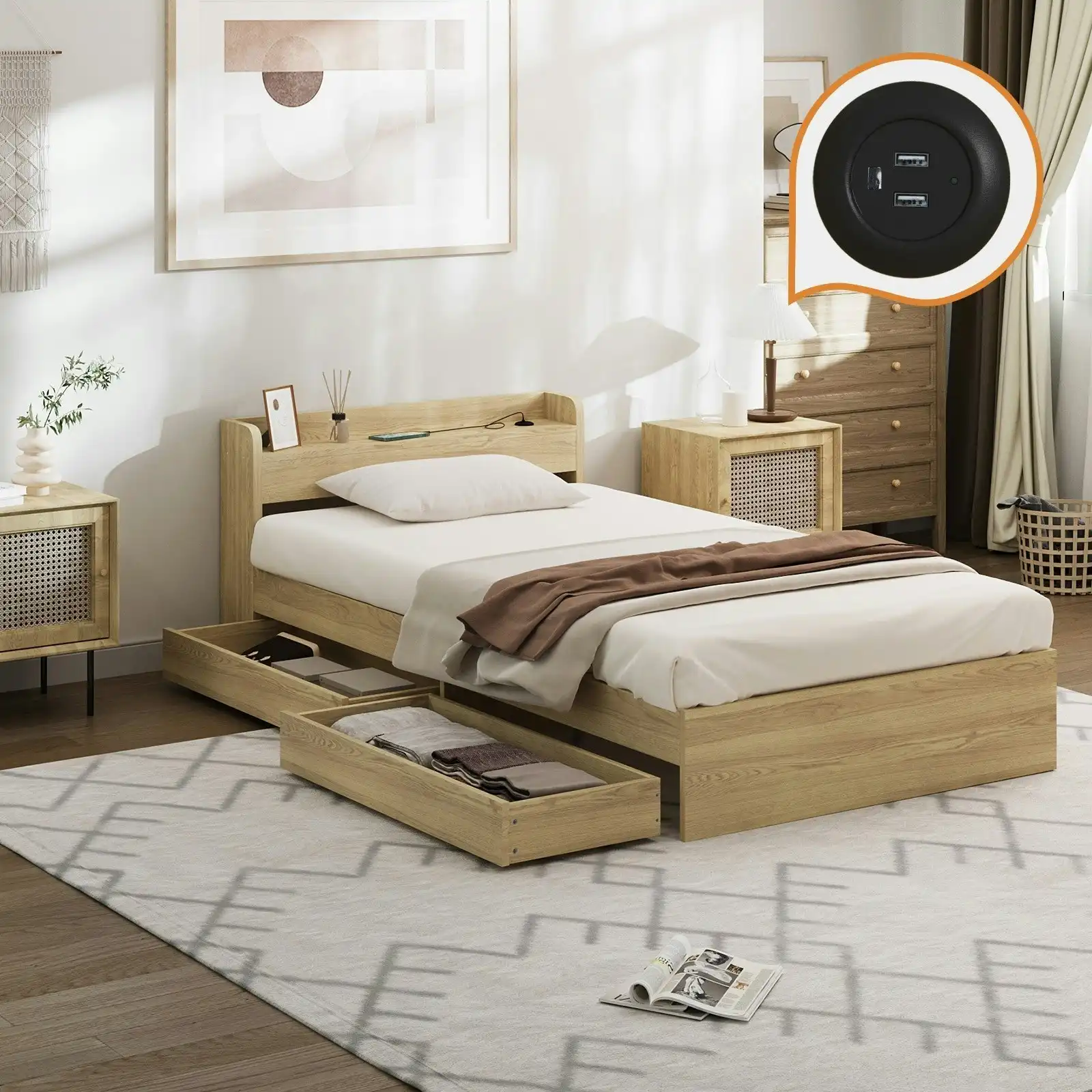 Oikiture Bed Frame Single Size With Charging Port 2 Drawers MEXI