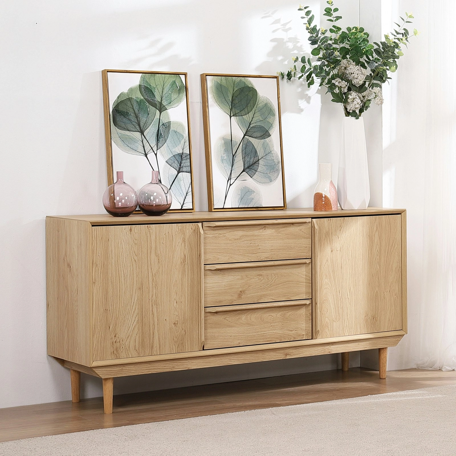 Swedish Large Sideboard Buffet Cabinet - Scandi Style with 2 Doors & 3 Drawers | Spacious Storage Solution