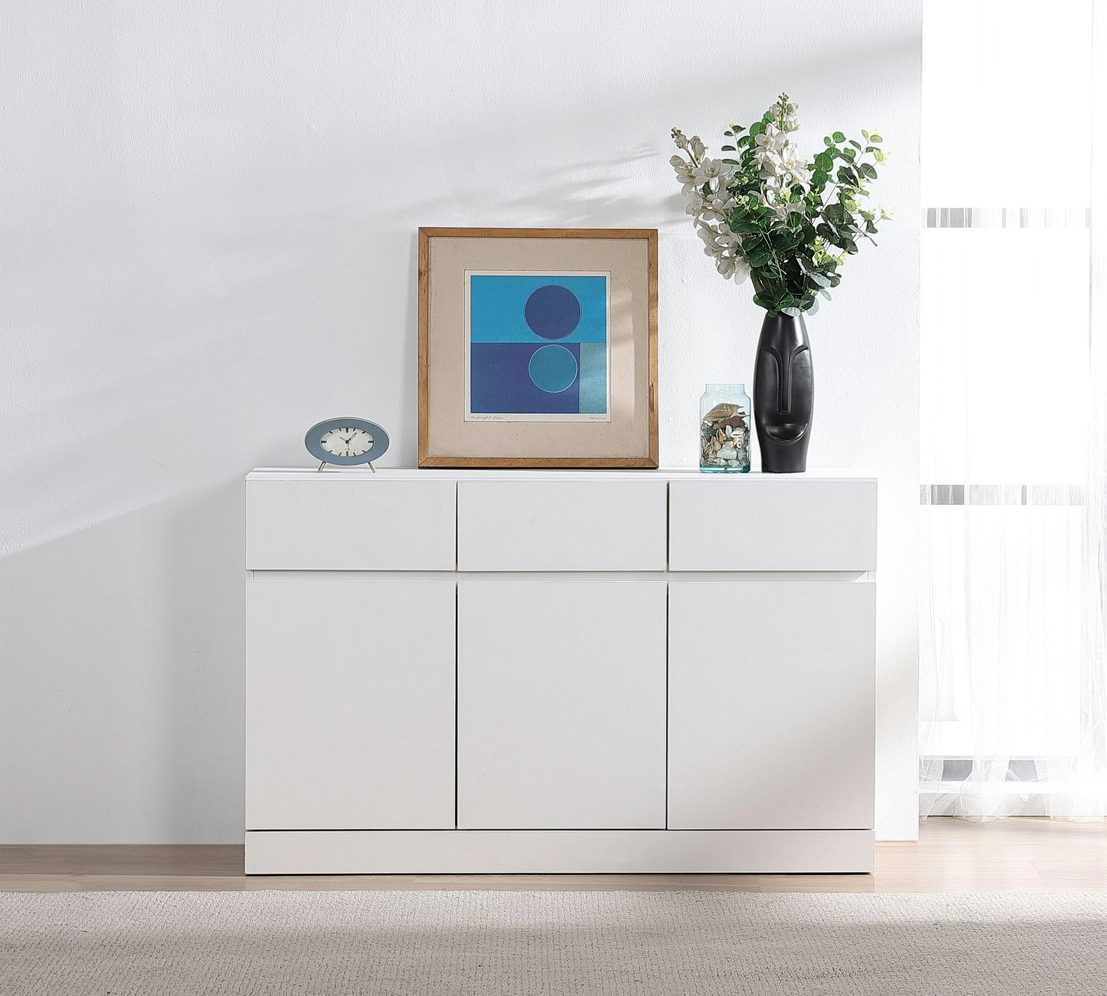 Matt White Buffet Sideboard with 3 Drawers & 3 Doors | Stylish Hallway Storage Cabinet