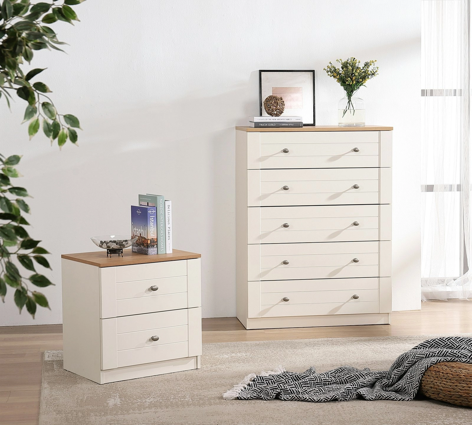 Harriet 5-Drawer Tallboy +HARRIET 2 DRAWER BEDSIDE (Pine color)