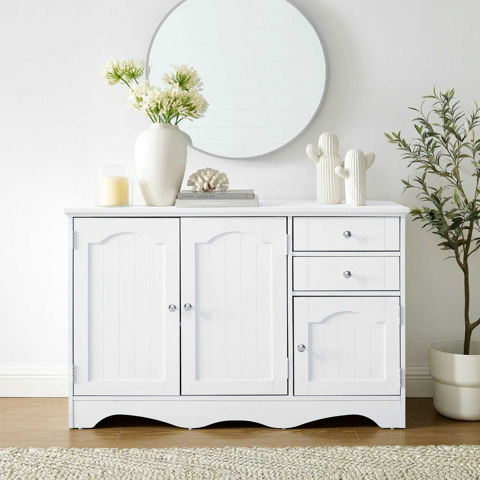 Decor Buffet Sideboard White with 3 Doors & 2 Drawers Hallway Console Cabinets Bathroom Storage