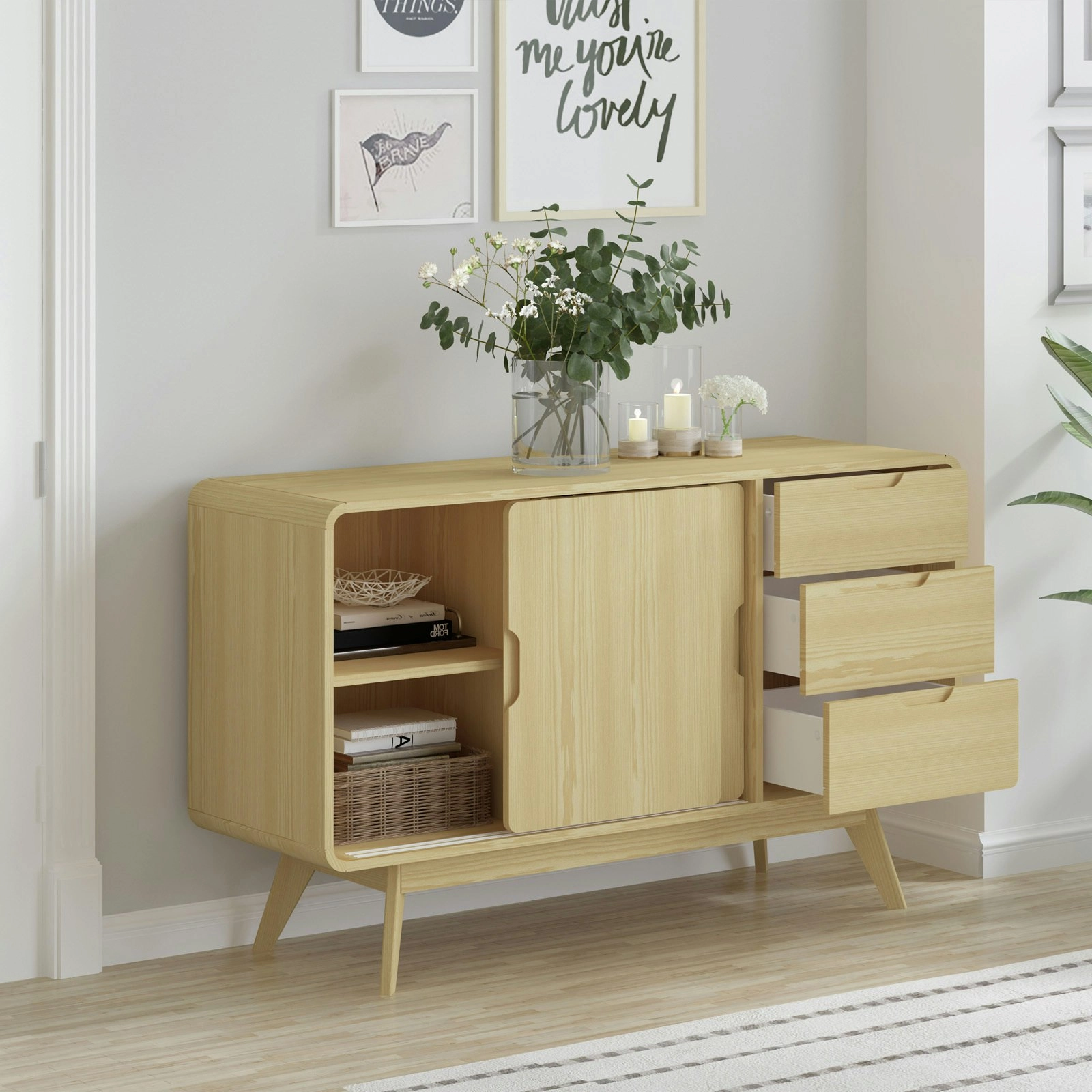 Oslo Sliding Sideboard Cabinet | Light Oak with Rounded Corners | Stylish Space-Saving Storage Solution