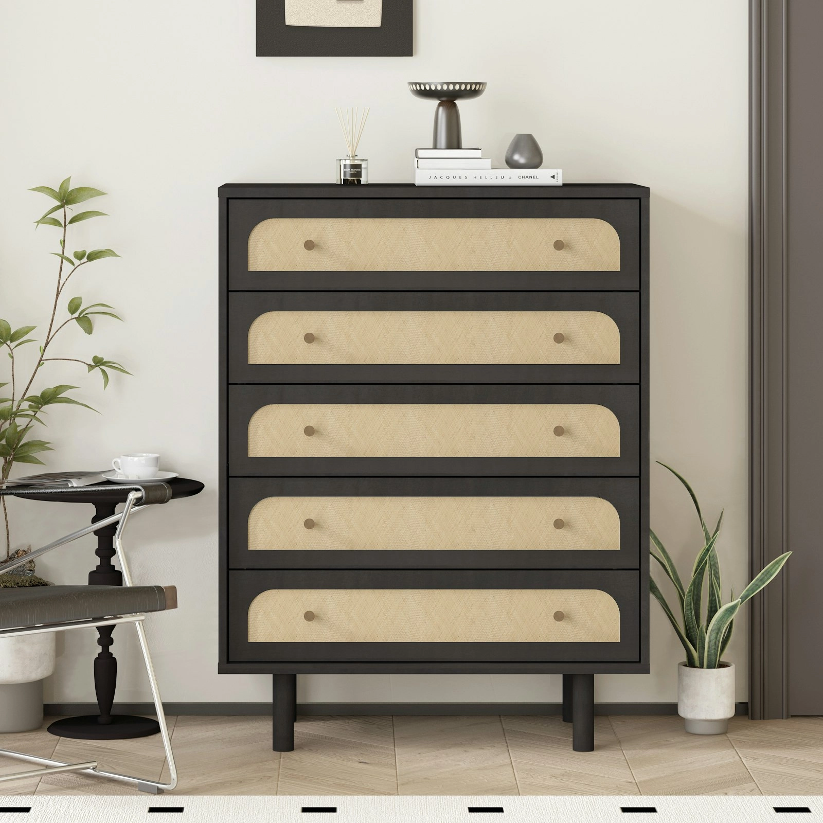 Elisa 5-drawer rattan chest with curved fronts and dark brown finish