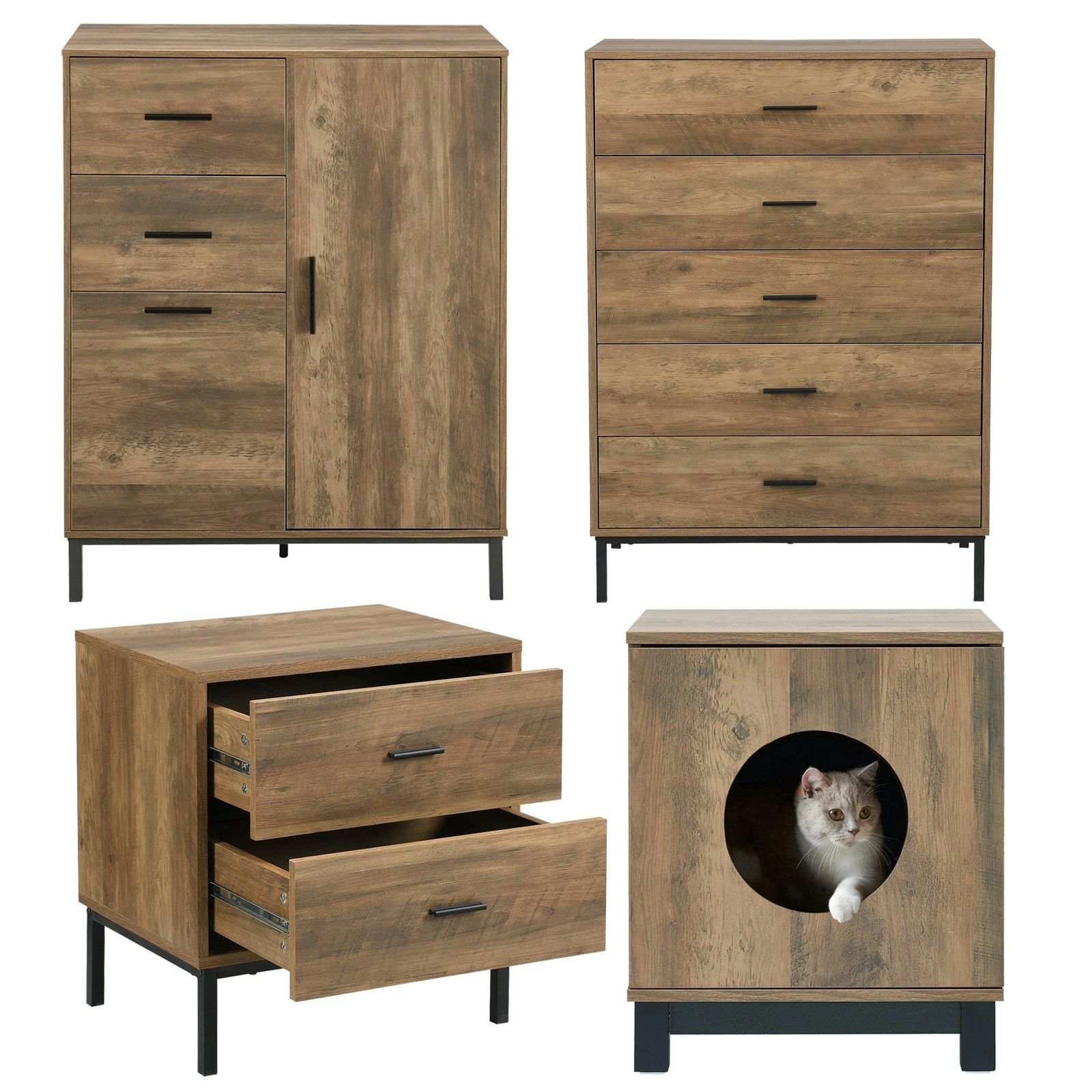 Bronx 4 Piece Storage Bundle | Tall Chest Wardrobe, 5 Drawer Chest, 2 Drawer Bedside Table, and Pet End Table