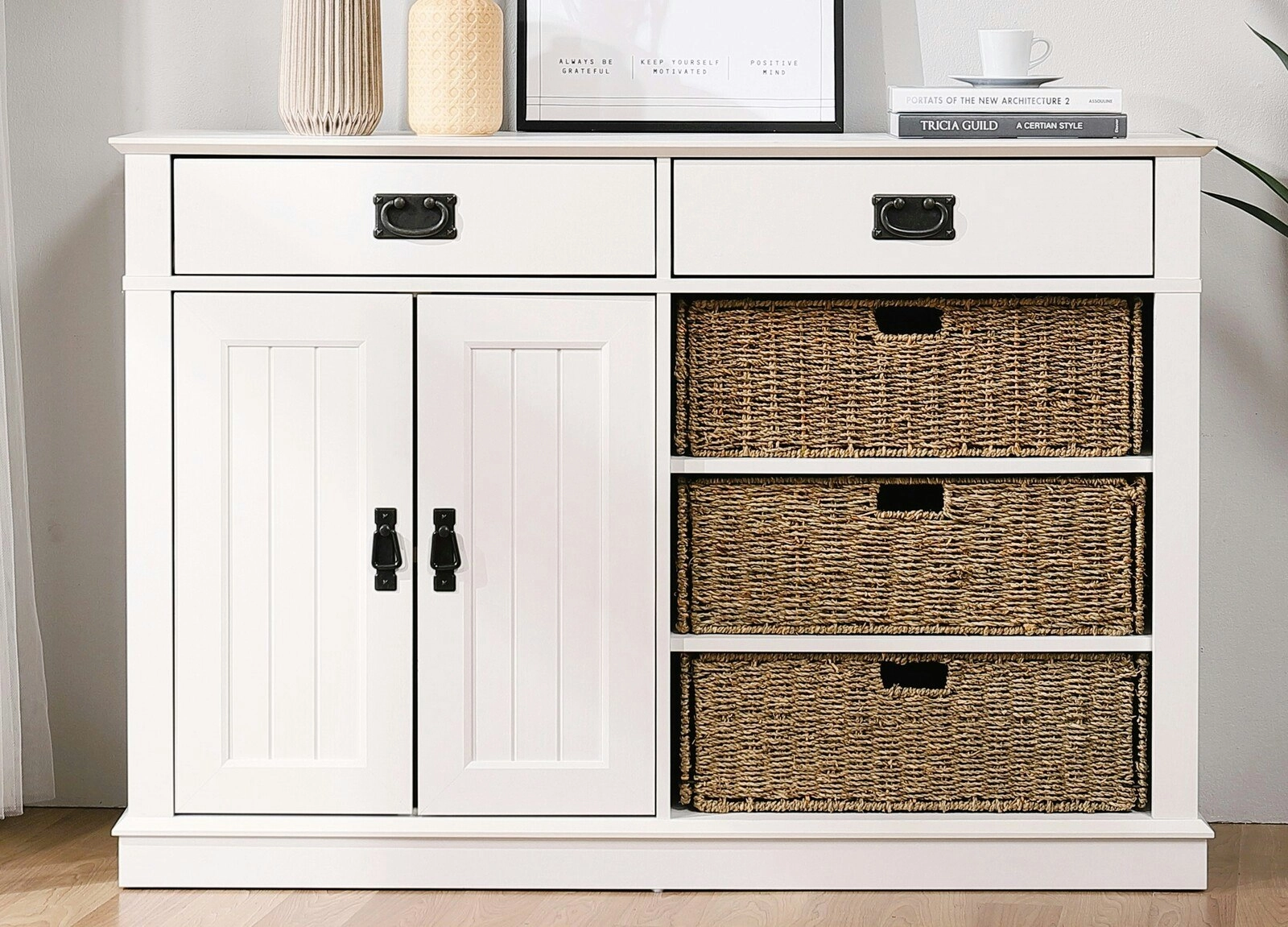 Kimberly White Sideboard with Baskets 2 Drawers 2 Doors