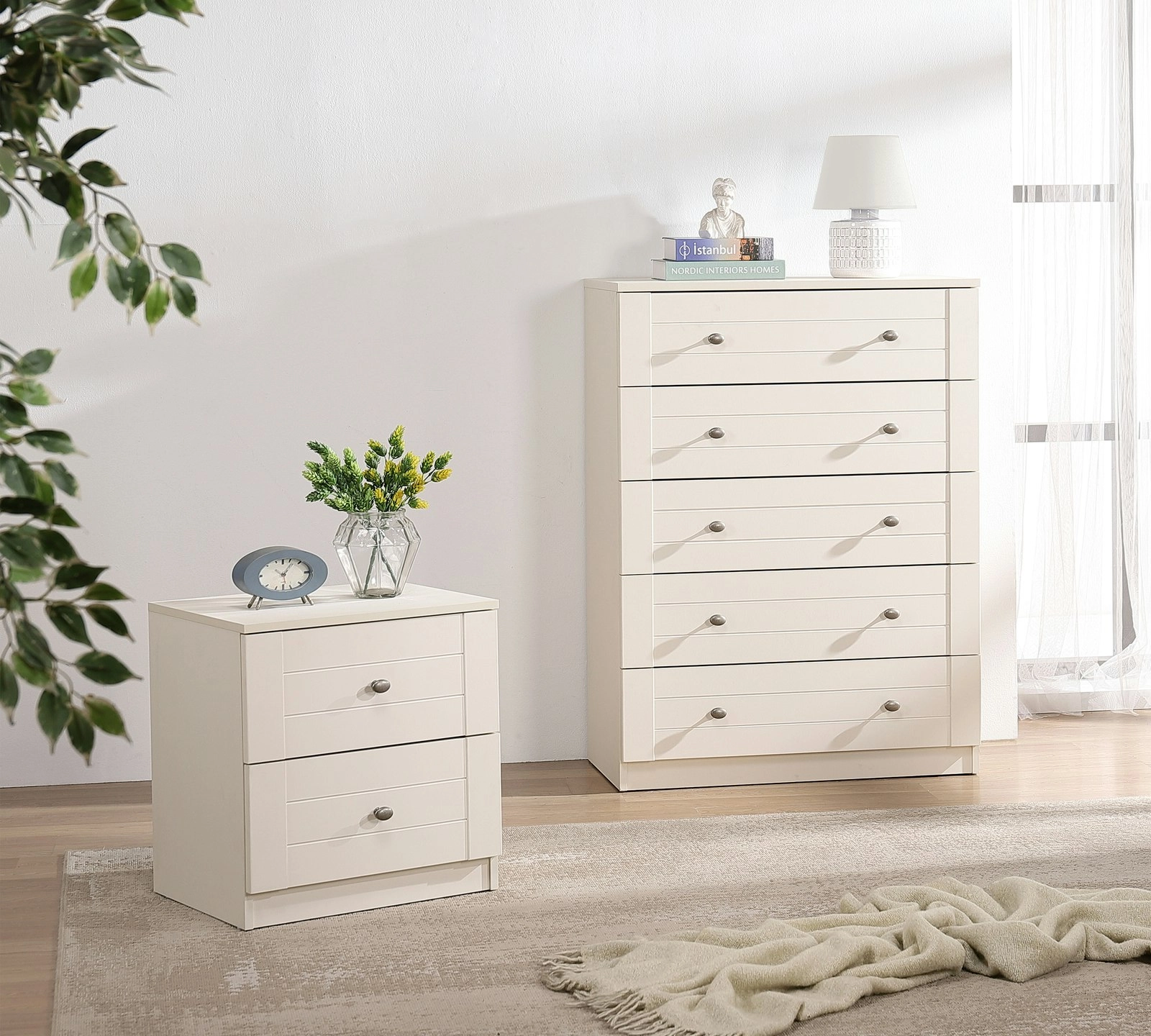 Harriet 5 Drawer Chest Tallboy Dresser & Bedside Table Set  Elegant Bedroom Storage