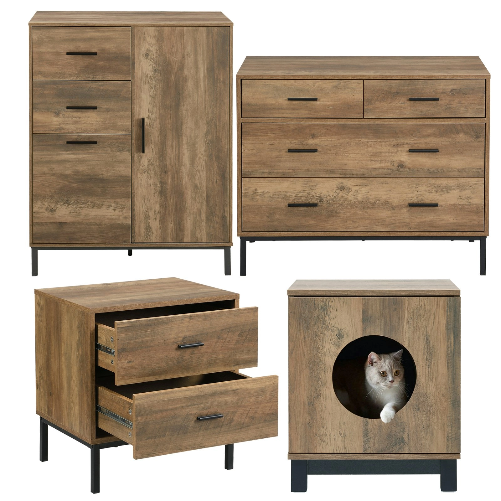 Bronx Wardrobe Chest of 2 Drawers, 4 Drawers Chest, 1 Bedside Tables and 1 Pet Side Table