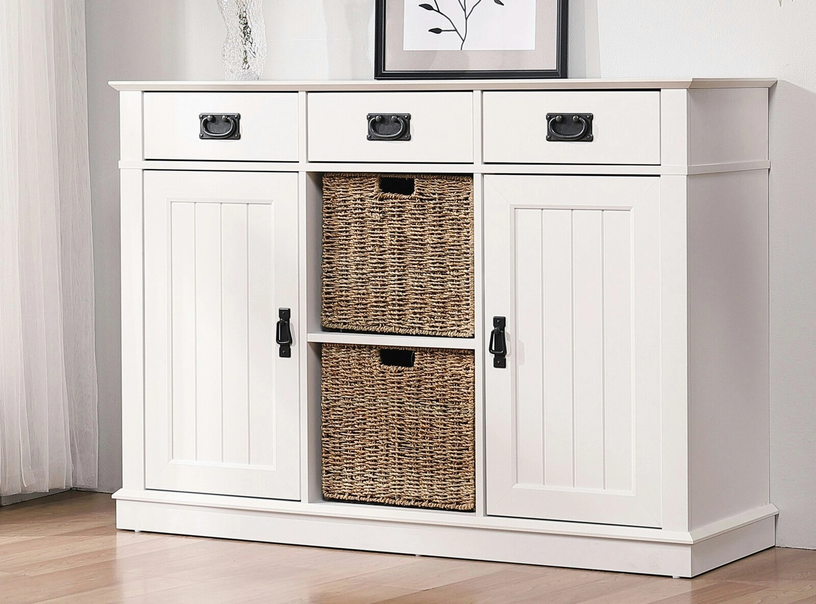 Kimberly White 3 Drawer Storage with 2 Seagrass Baskets | Elegant & Functional Storage Solution