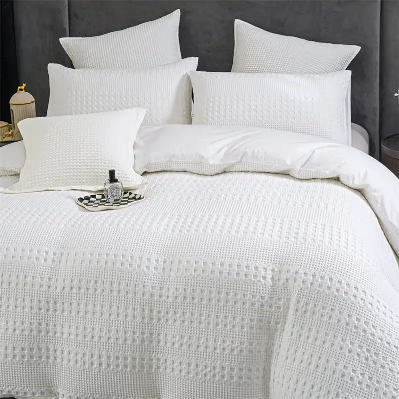 100% Cotton Striped Large Waffle Pattern White Quilt Doona Duvet Cover Set