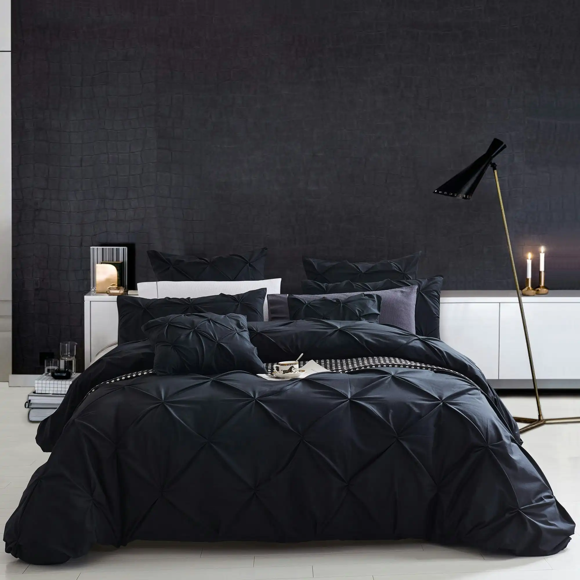 100% Cotton Black Diamond Pinch Pleated Pintuck Doona Quilt Cover Set