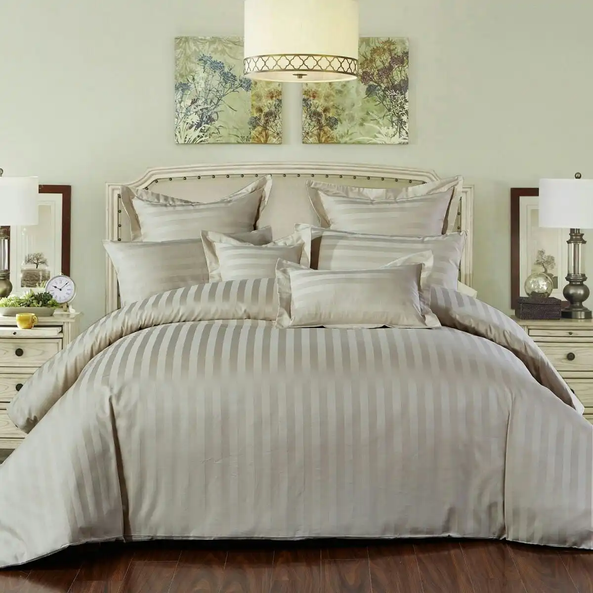 New 100% Cotton Beige Striped Duvet Cover Set