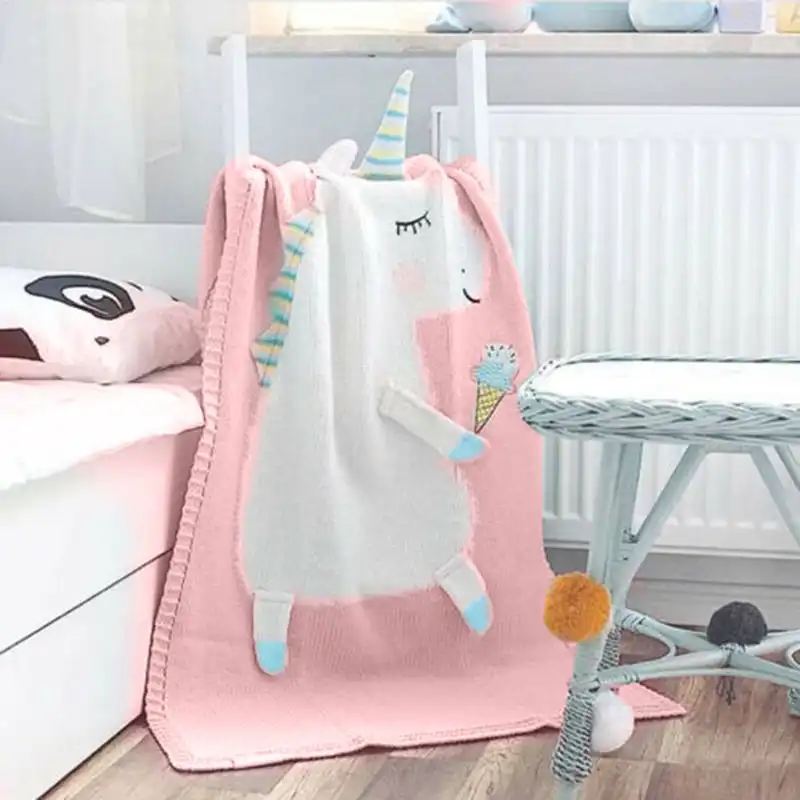 Kids Children Cotton Knitted Blanket Unicorn Design Pram Blanket Throw Pink