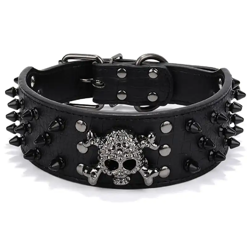 Pet Dog Leather Collar Black Spikes Adjustable Dog Collar Skull Charm M L