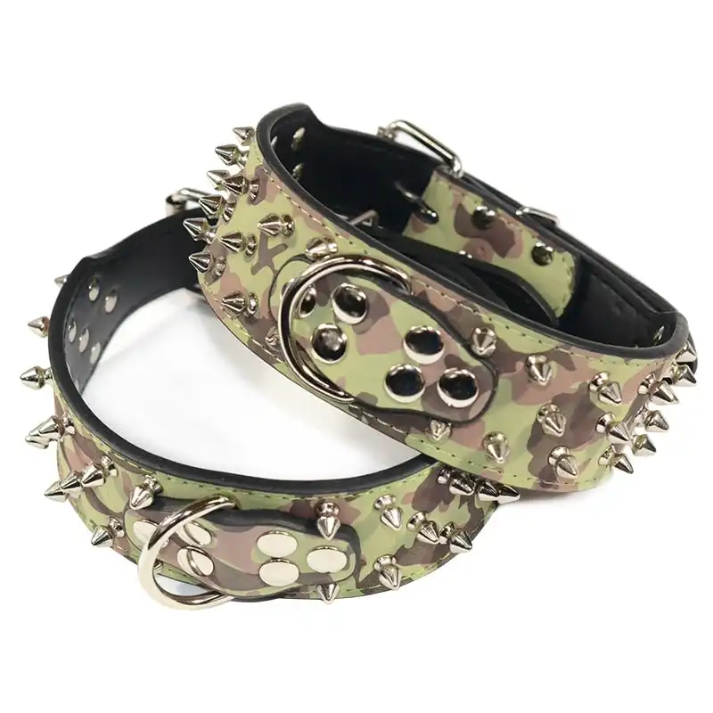 Pet Dog Leather Collar Spiked & Studded Adjustable Dog Collar Camo M L