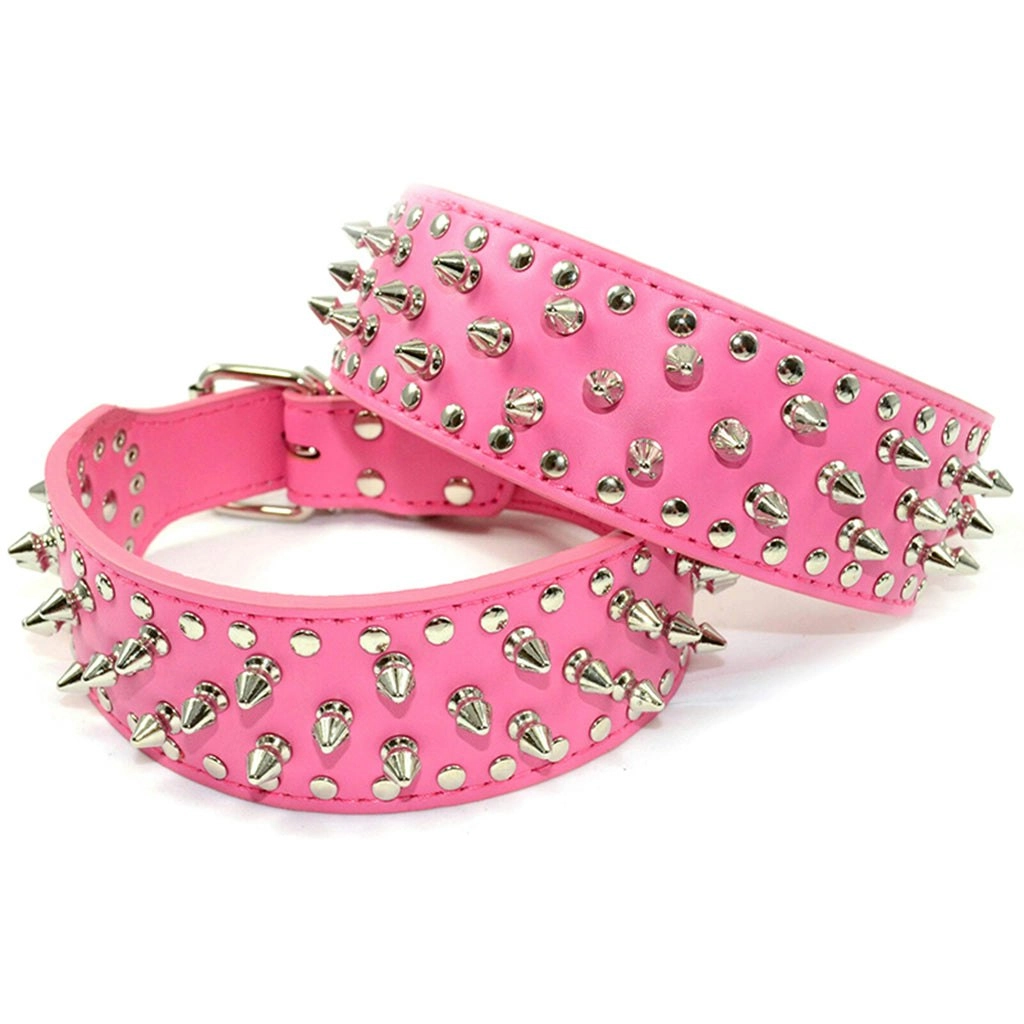 Pet Dog Leather Collar Nickel Plated Spikes Adjustable Dog Collar HotPink