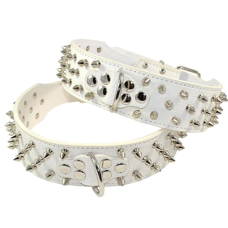 Pet Dog Leather Collar Safe Spiked & Studded Adjustable Dog Collar White M L