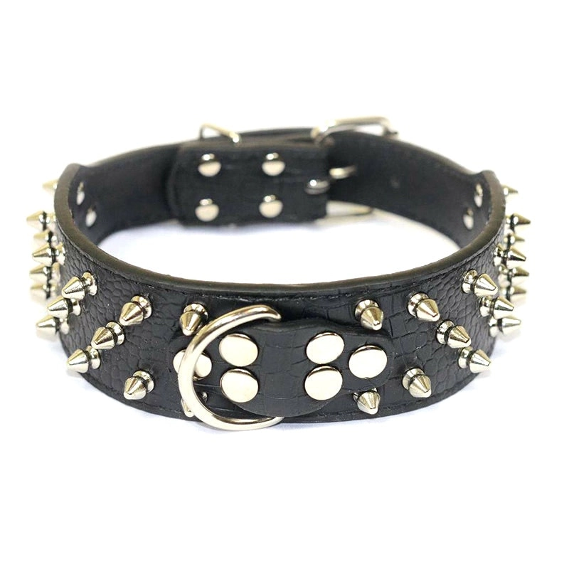 Dog Leather Collar Nickel Plated Non-sharp Spikes Adjustable Collar - Black