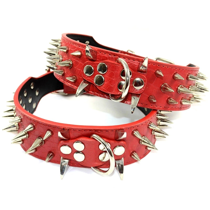 Large Breed Dog Leather Collar Nickel Plated Spikes Adjustable Collar Red