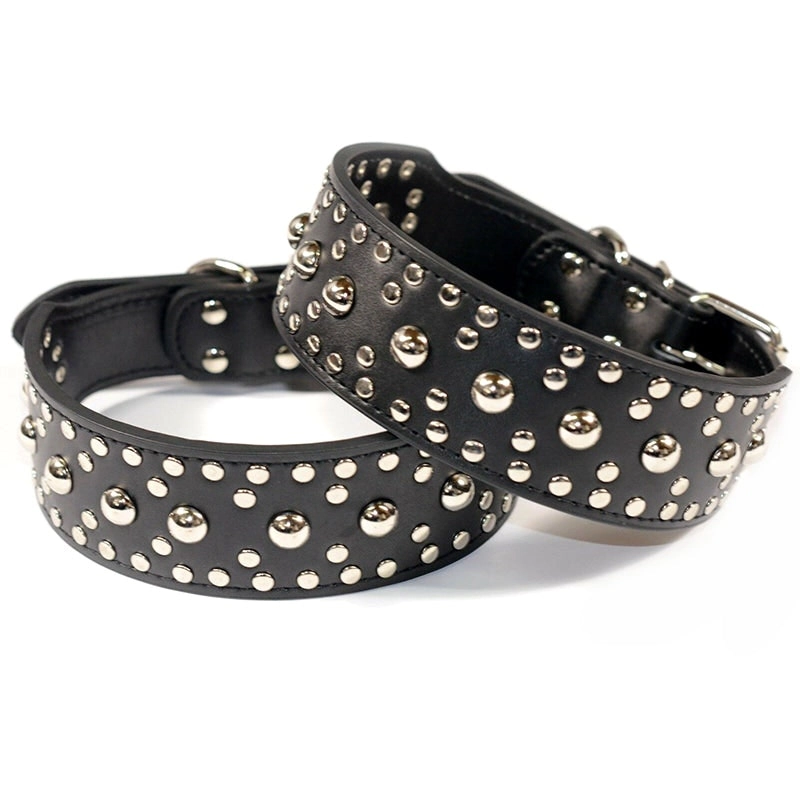 Large Breed Pet Dog Leather Collar w Safe Mushroom Shape Studs Black M L