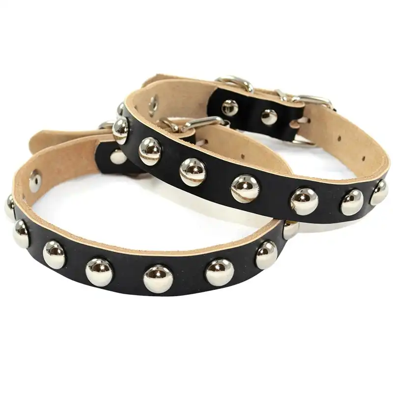 2 x Small-Medium Breed Pet Cat Dog Leather Collars Black Mushroom Studs