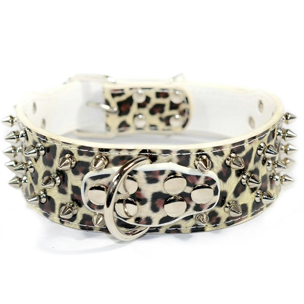 Pet Dog Leather Collar Nickel Plated Non-sharp Spikes Adjustable Leopard M