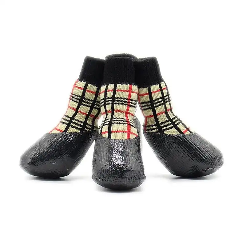 Pet Dog WaterProof Rain Shoes Boots Socks Non-slip Rubber Socks Yellow plaid