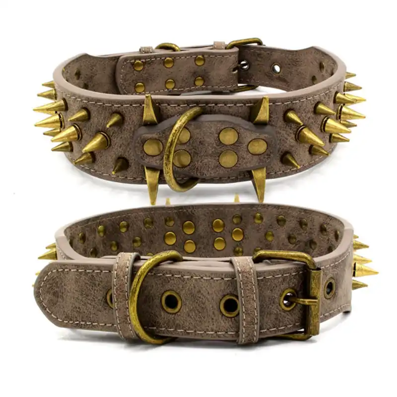 Dog Leather Collar Spiked & Studded Adjustable Dog Collar Rustic Grey M L